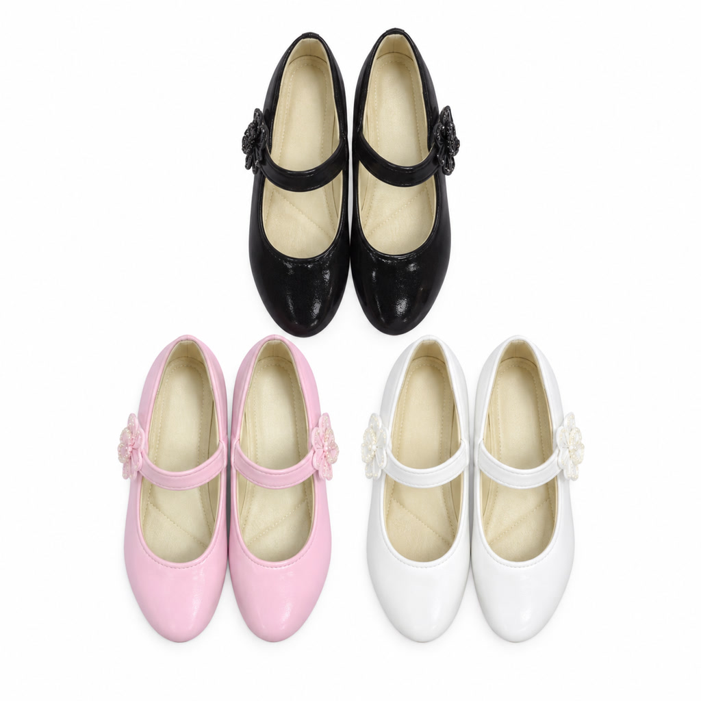 Zapato de charol para niña con moño delantero y pulsera fina