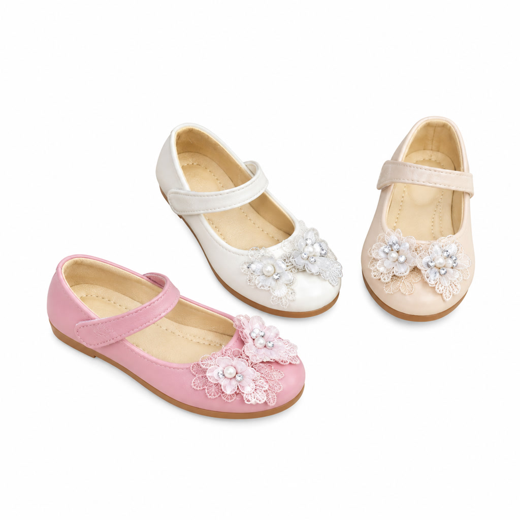 Zapato de charol para niña con mariposa de tela y pulsera