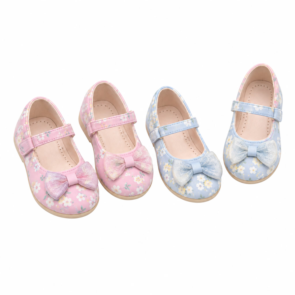 Zapato de charol para niña con flor redonda sobre la punta