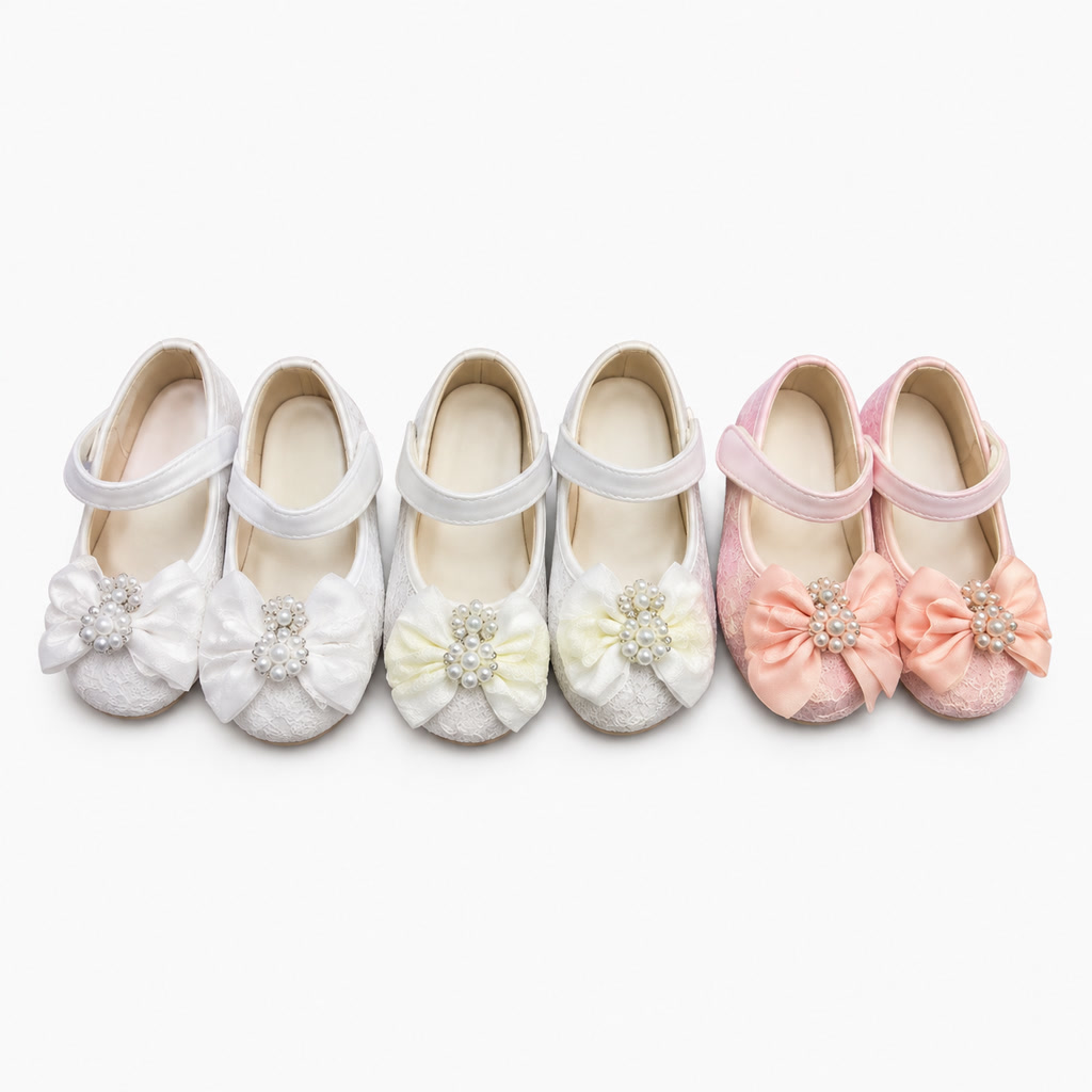 Zapato de charol para niña con flores de encaje en la punta