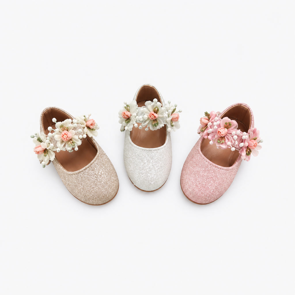 Zapato de charol para niña con flores agrupadas sobre la correa