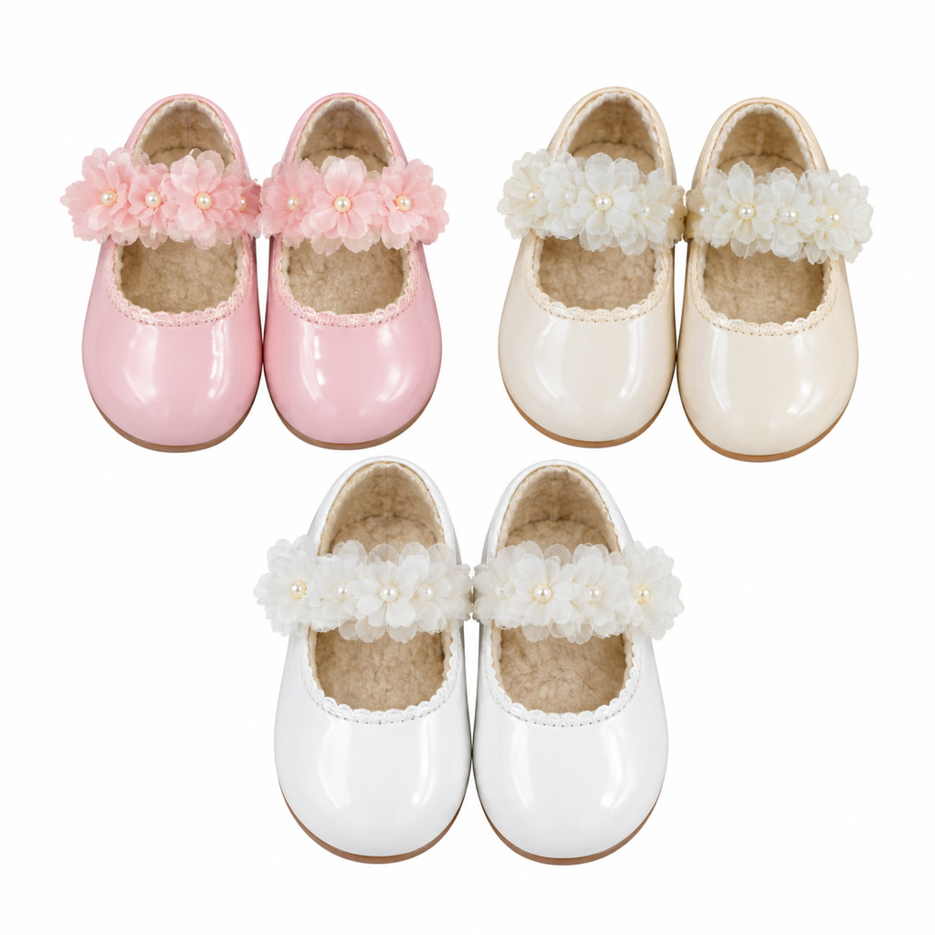 [DLM-3860] Zapato de charol para niña con flor en relieve y correa fina