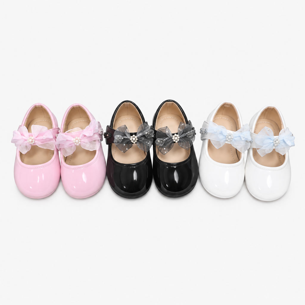 [DLM-4247] Zapato de charol para niña con moño y puntera de textura brillante