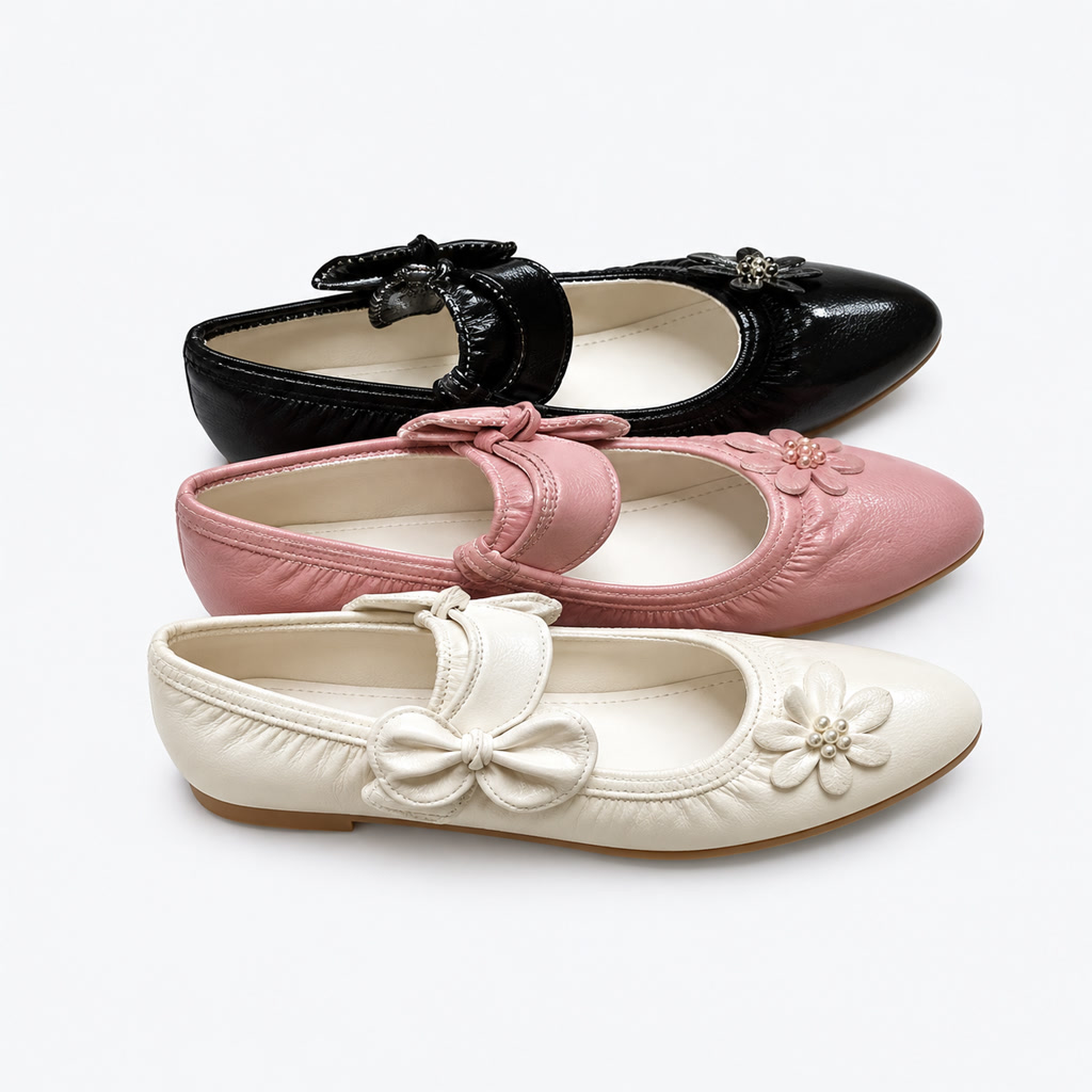[SL-3-9] Zapato de charol para niña con moño y flores pequeñas