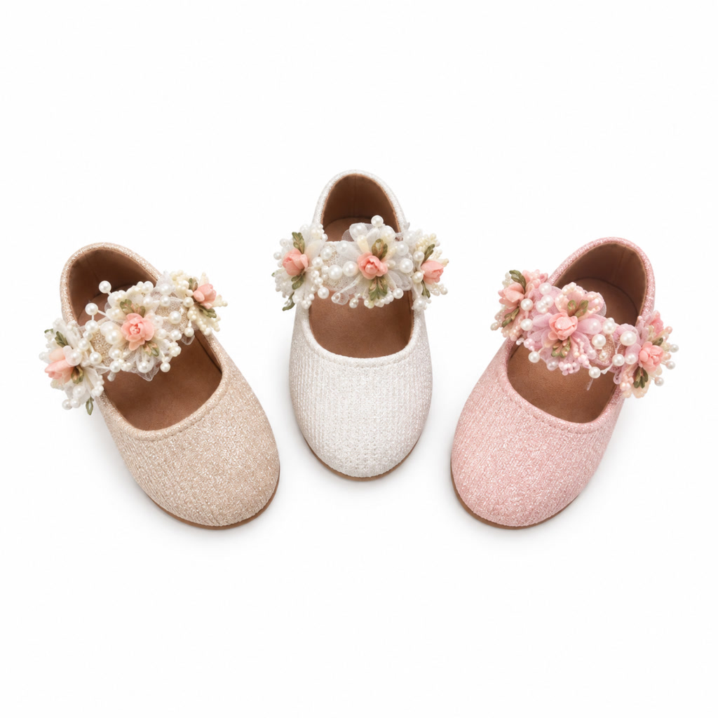 [DLM-1436] Zapato de charol para niña con flores agrupadas sobre la correa (26-30)
