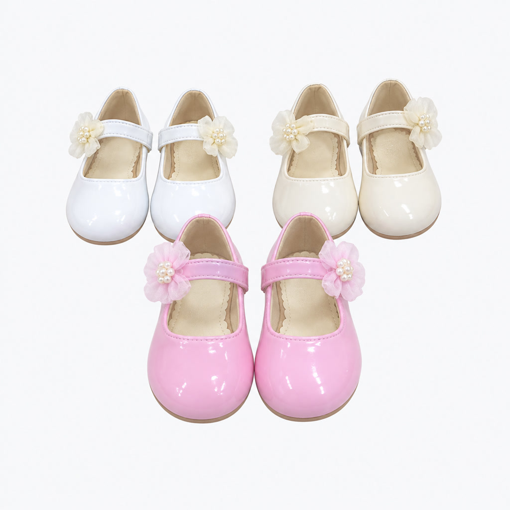 [DLM-3849] Zapato de charol para niña con flores de tul y correa lisa (26-30)