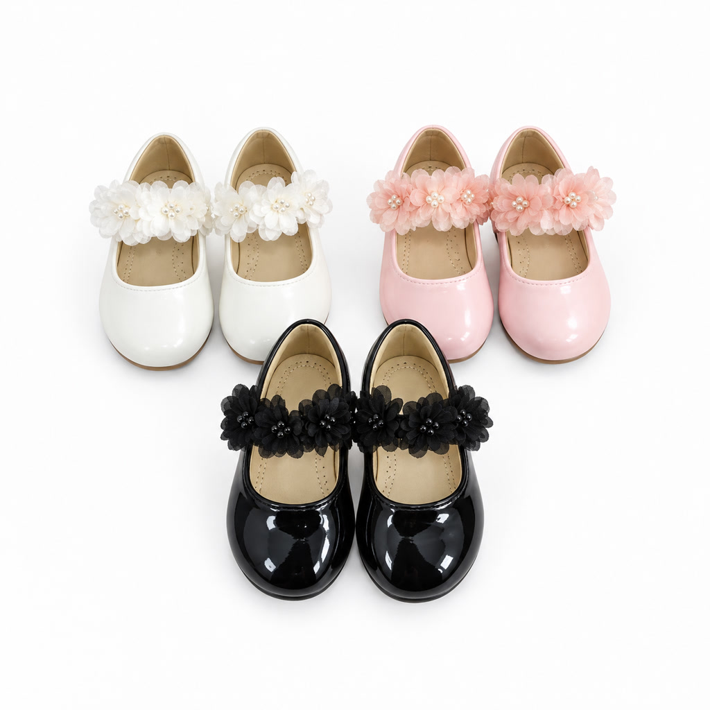 [DLM-3756] Zapato de charol para niña con mariposa de tela y correa lisa (26-30)