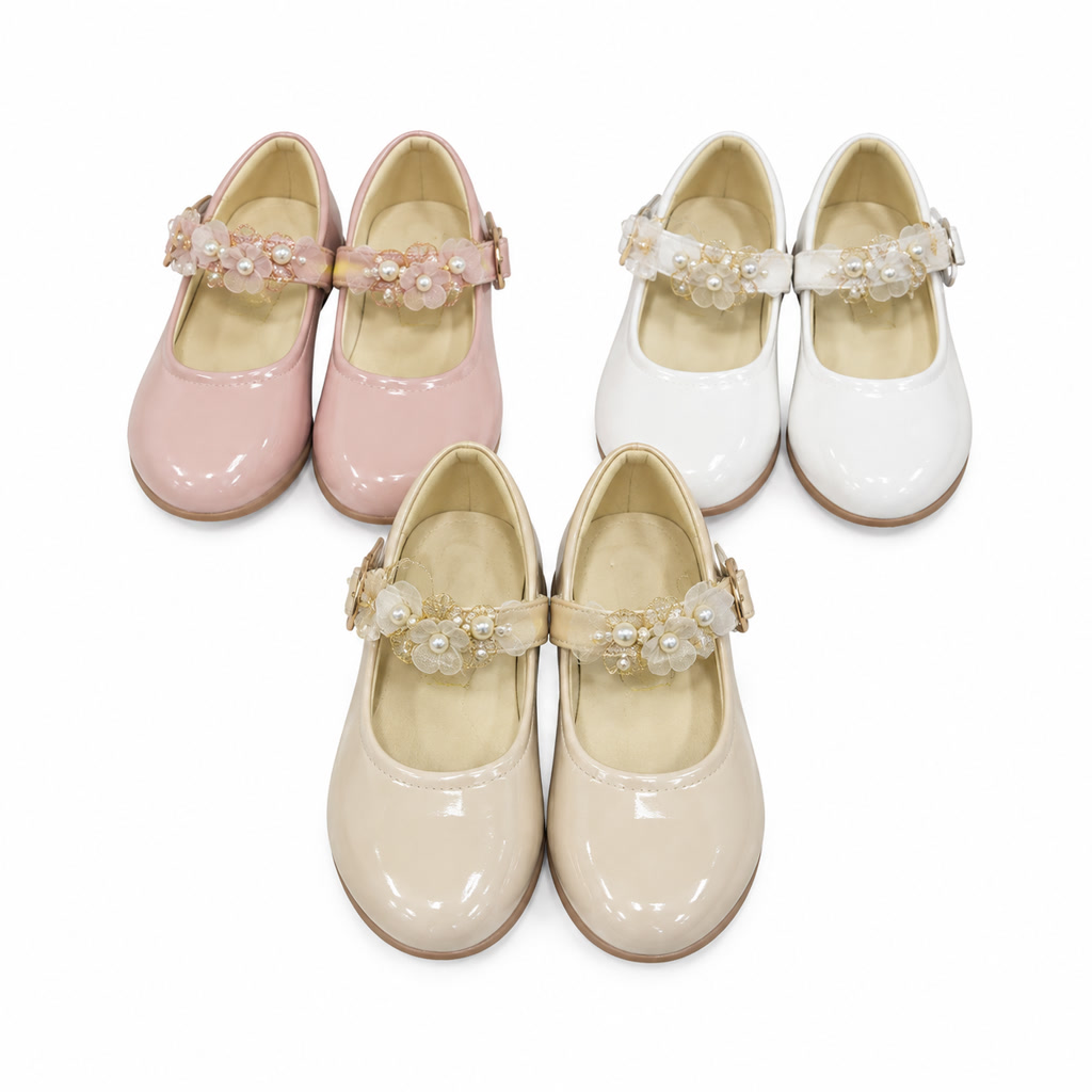 [DLM-3750] Zapato de charol para niña con moño de tela y adorno redondo (26-30)