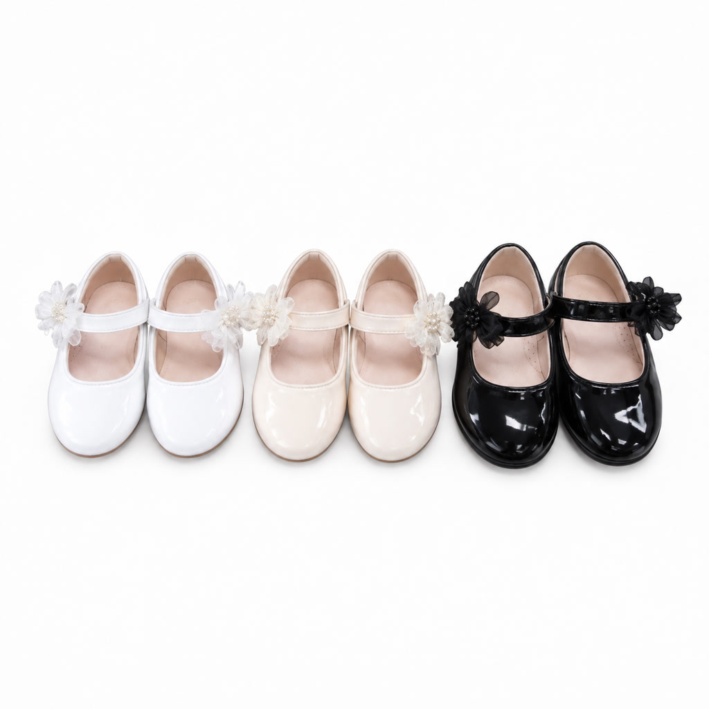 [DLM-3642] Zapato de charol para niña con moño frontal de pétalos