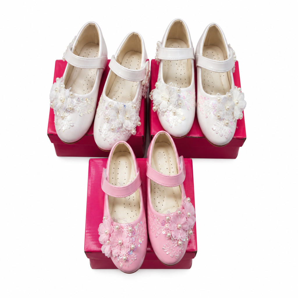 [DLM-3640] Zapato de charol para niña con moño doble de cinta y pulsera